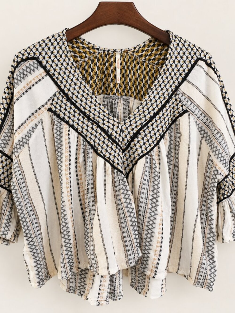 Free People M Boho Mixed Print Cotton Blouse Oversized V Neck Flowy Sleeve Top